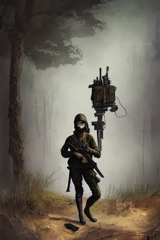 Prompt: ww 1 british sas female masked operative with the standard black uniform, artstation, trending on artstation, establishing shot, by simon stalenhag