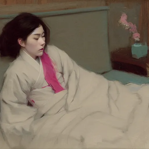 Image similar to girl with flowing dark hsir, in kimono, frontview, sitting on edge of bed, big chest by jeremy lipking, tim rees, joseph todorovitch