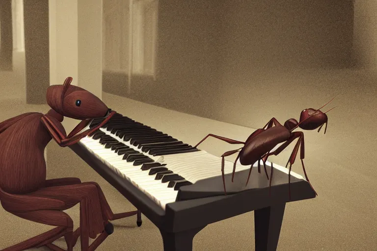 Prompt: a giant ant sitting on a piano bench wearing a bow tie and playing the piano, unreal engine, photorealistic digital art