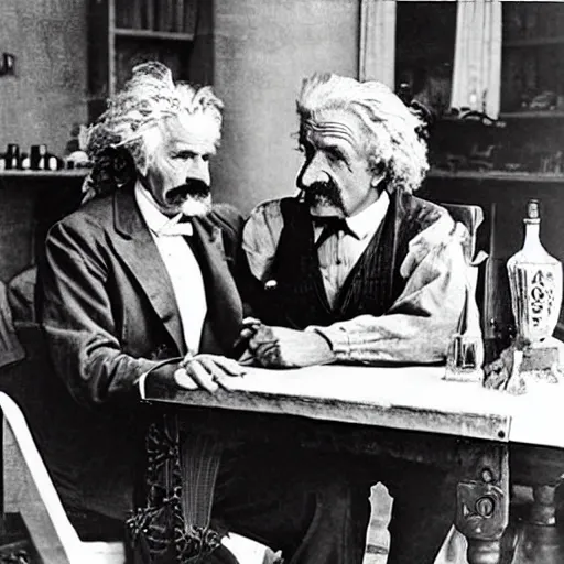 Image similar to Historical technicolor photograph, 350mm, arm wrestling match between Mark Twain and Albert Einstein