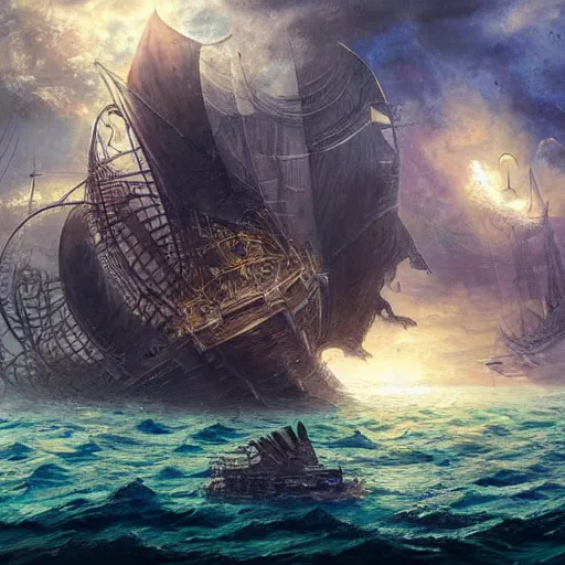 Prompt: a beautiful painting of lost ship under the sea,artstation,highly detailed
