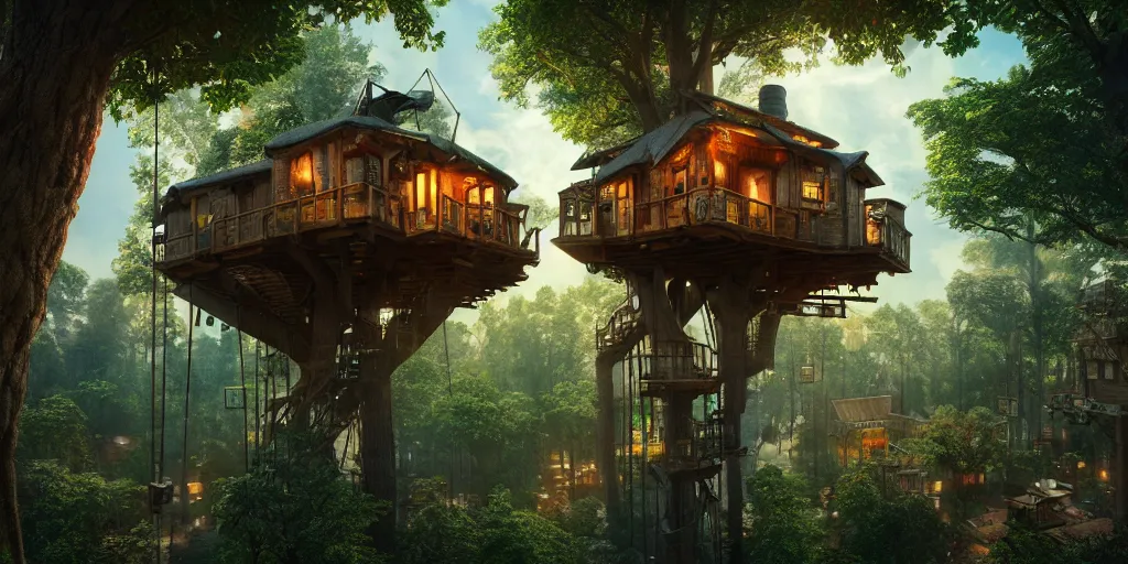 Prompt: in a treehouse city, highly detailed, 8 k, hdr, award - winning, octane render, artstation, volumetric lighting