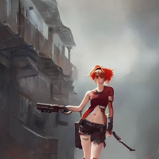 Image similar to A redheaded girl wearing a crop top, shorts and wielding a gun, character design by charles bowater,greg rutkowski,ross tran,hyperdetailed,hyperrealistic,4k,deviantart,artstation,professional photography,concept art, anime