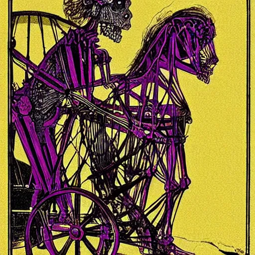 Image similar to The digital art features a human figure driving a chariot. The figure is skeletal and frail, with a large head and eyes. The chariot is pulled by two animals, which are also skeletal and frail. magenta by Adrian Tomine, by Vittorio Matteo Corcos distorted, intuitive