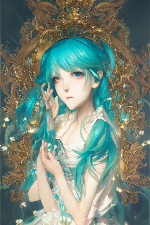 Image similar to a beautiful painting of hatsune miku, ray of light, shimmering and prismatic, rococo, highly detailed, by krenz cushart and mucha, trending on artstation.