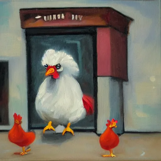 Image similar to the funky chicken gets thrown out of a bar. oil painting in the style of vermeers