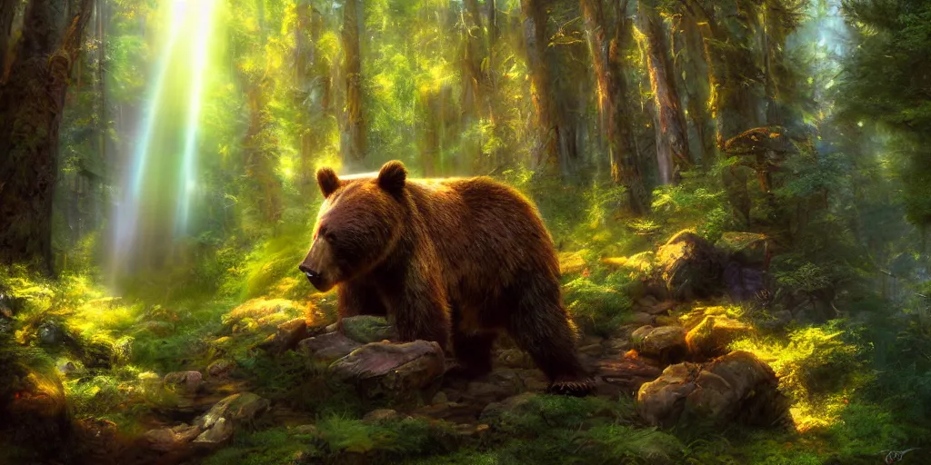Prompt: bear in the forest, magical energies emanating from it, waterfall, god rays, wide angle, fantasy art, matte painting, sharp focus, vibrant colors, high contrast, illustration, art by justin gerard