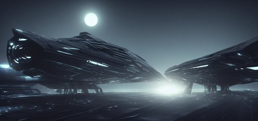 Image similar to dramatic render of exterior of dark futuristic spaceship at night, nebula, ambient occlusion, raytracing, unreal engine, detailed, 3 d artstation by h. r giger and neil blevins