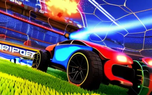 Image similar to rocket league, car soccer, boom, goal, demo, explosion, action shot, lens flares, rim light, raytracing, glow, haze, octane render, unreal engine, cinematic angle, dramatic lighting