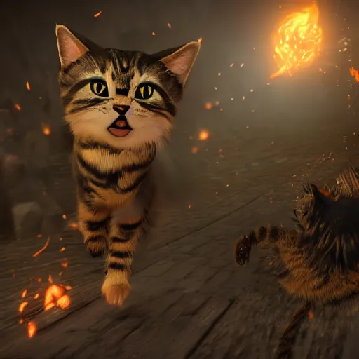 Prompt: deeply scared cat running away from the giant carnivorous sandwich, artstation hq, dark phantasy, stylized, symmetry, modeled lighting, detailed, expressive, true unsimulated emotions, created by hidetaka miyazaki, dark souls 3 screenshot