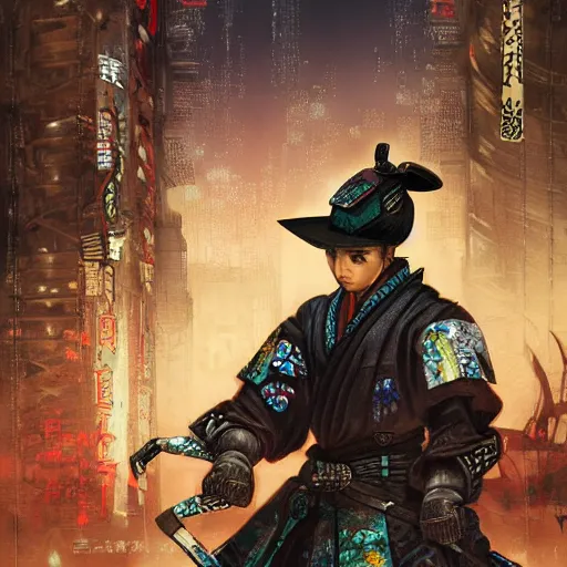 Image similar to Ninja samurai cowboy cyborg, high detail, 4 K, cyberpunk, depth of field, unreal engine. Chie Yoshii style,