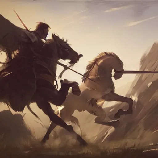 Image similar to A fierce duel between two knights on a battlefield, by Greg Rutkowski, cinematic