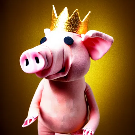 Image similar to !dream studio photograph of a pig wearing a gold crown eating bacon depicted as a muppet
