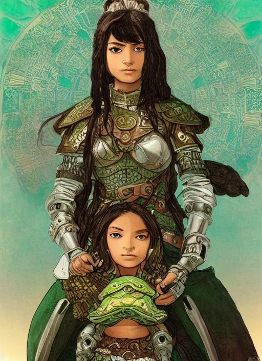 Prompt: portrait of a little warrior girl character sitting on top of a giant armored turtle in the desert, epic character with dark skin and beautiful green eyes. the girl has a very beautiful detailed symmetrical face, long black hair. the turtle has a big wise face and closed eyes, diffuse night light, dramatic landscape, fantasy illustration by mucha