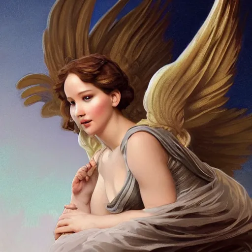 Image similar to Jennifer Lawrence as dark angel of medieval art, medium shot, intricate, elegant, highly detailed, digital painting, volumetric light, artstation, concept art, smooth, sharp focus, illustration, art by Gil Elvgren and Greg Rutkowski and Alphonse Mucha, 8K