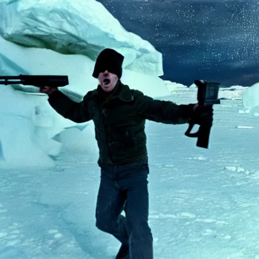 Prompt: a high quality filmic action horror movie style photograph of a man holding a double barreled shotgun to his own face in 1982 antarctica