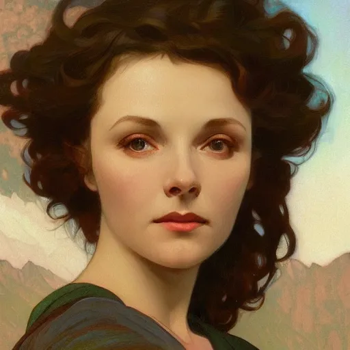 Image similar to a beautiful closeup portrait of a young vivian leigh, mountain background, serene colors, dramatic light, gorgeous view, depth, high detail, digital art, painted by alphonse mucha and greg rutkowski, trending on artstation