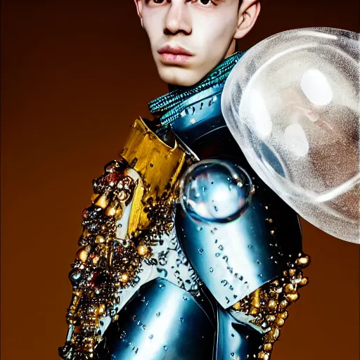 Image similar to a portrait of a beautiful young male wearing an alexander mcqueen armor made of soap bubbles , photographed by andrew thomas huang, artistic