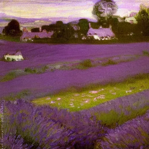 Image similar to painting of lavender field, highly detailed, beautiful lighting, tiny house in background by james abbott mcneill whistler
