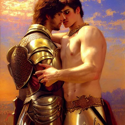 Image similar to attractive male prince fully clothed confesses his love for his attractive male knight fully clothed. highly detailed painting by gaston bussiere, craig mullins, j. c. leyendecker 8 k