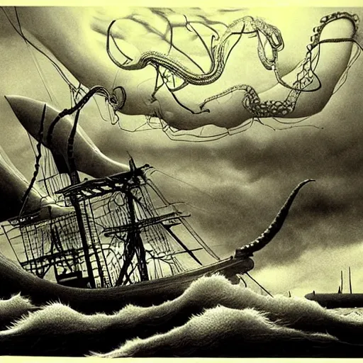 Image similar to 🤷🏽‍♂️ 🐙 a highly detailed hyperrealistic scene of a ship being attacked by giant squid tentacles, ultra realistic, jellyfish, squid attack, dark, voluminous clouds, thunder, stormy seas, pirate ship, dark, high contrast, yoji shinkawa, scary, m.c. Escher, highly detailed, brutal, beautiful, octopus arms attacking the ship from the storm, illusion, artgerm