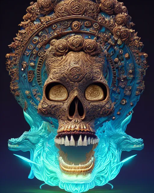 Image similar to 3 d ornate carved alice with profile portrait, sigma 5 0 0 mm f / 5. beautiful intricate highly detailed quetzalcoatl skull. bioluminescent, plasma, lava, ice, water, wind, creature, thunderstorm! artwork by tooth wu and wlop and beeple and greg rutkowski, 8 k trending on artstation