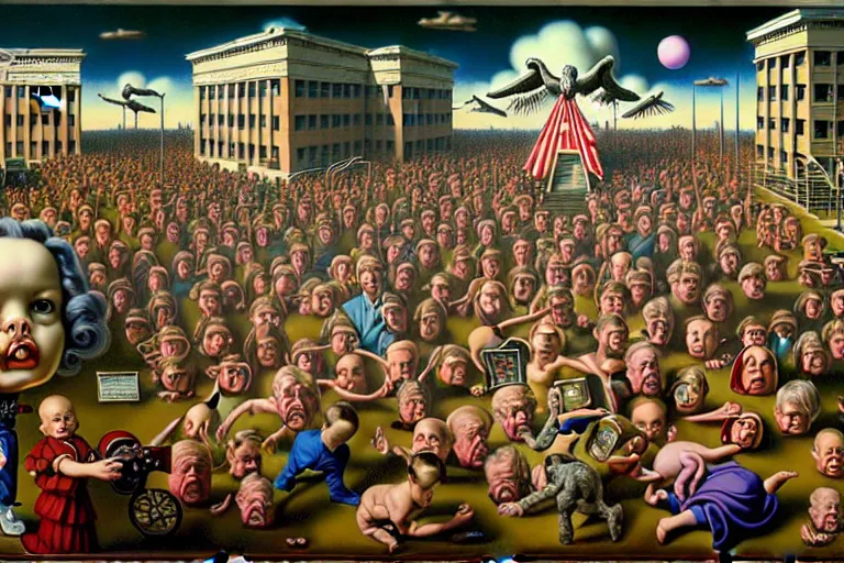 Image similar to a sparsely populated strange battle in an old hospital between old people and babies Robert Williams Mark Ryden and Alex Gross, Todd Schorr highly detailed deep perspective perfect composition