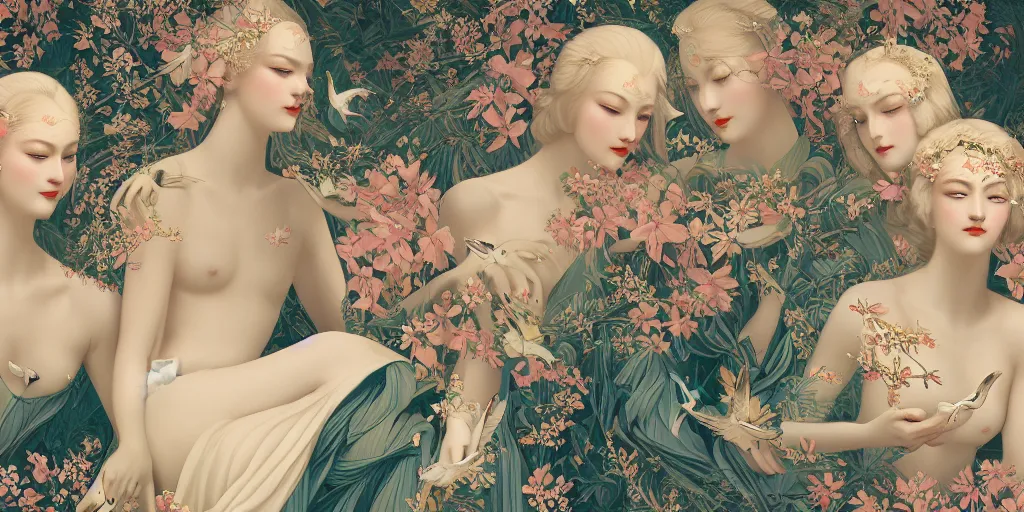 Prompt: breathtaking detailed concept art painting art deco pattern of blonde faces goddesses with blend of flowers and birds, by hsiao - ron cheng and john james audubon, bizarre compositions, exquisite detail, extremely moody lighting, 8 k