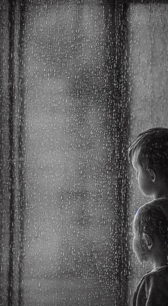 Prompt: the boy looks at the rain through the window, creepy atmosphere,