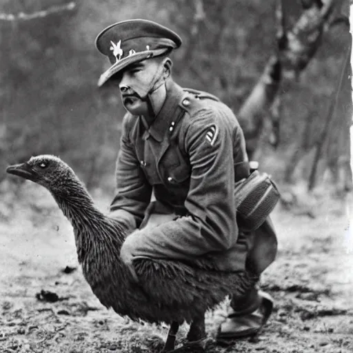Prompt: Touched-up historical photo of Commander Squawks of the Emu Batallion. Photo taken during the great emu war (1932)