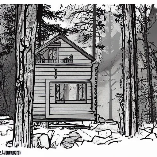 Prompt: a Illustration of a Eerie cabin in the middle of the woods in the style of a architectural sketch