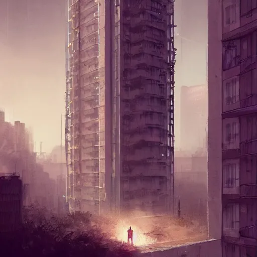 Prompt: illustration of a tall apartment building in a city made of concrete, dramatic lighting, illustration by Greg rutkowski, Shaun Tan art, yoji shinkawa, 4k, digital art, concept art, trending on artstation