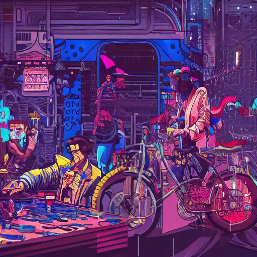 Image similar to a painting of a cyberpunk circus, illustration, painted by josan gonzalez