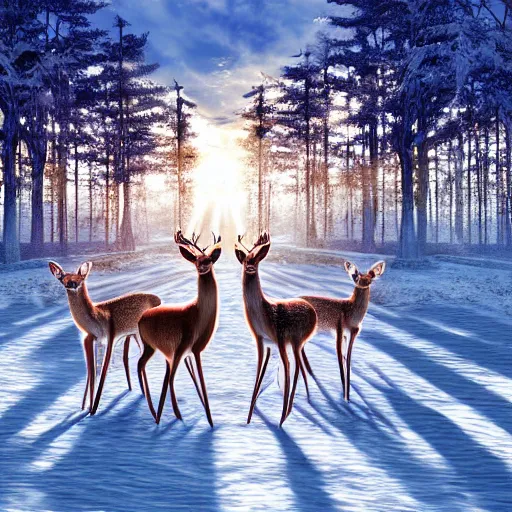 Image similar to family of deer on fire in a frozen forest, sparkles and sun rays, hyperrealistic, photo realistic, realistic, beautiful white lighting, in the middle of the day, hyperdetailed, very detailed