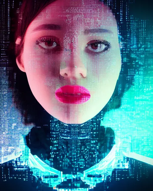 Prompt: A broken monitor with a calm AI women's face on it. No lipstick. Very very very strong glitches on the monitor. The face is blurry with glitches. Extremely high detail, glitchcore, glitches, glitch, cyberpunk, 8k render