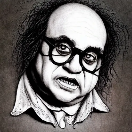 Prompt: grunge drawing of Danny DeVito by - Zdzisław Beksiński , corpse bride style, horror themed, detailed, elegant, intricate
