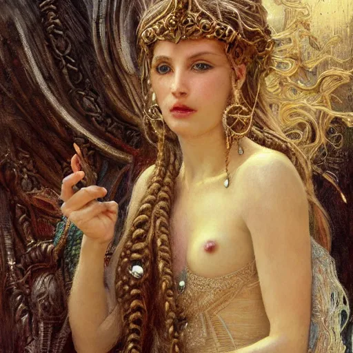 Image similar to intricate detail, hyper detail, by gaston bussiere, bayard wu, greg rutkowski, h. r. giger, greg rutkowski, sandro botticelli, lady of elche, techno mystic goddess princess intergalactica, goddess inanna, ashteroth, with aqua rapunzel dreadlocks, mami wata, detailed, masterpiece, sharp focus,