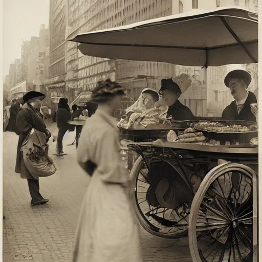 Image similar to a Hot-Dog-Cart selling in new york city art by alphonse mucha and Monia Merlo and Raymond Swanland