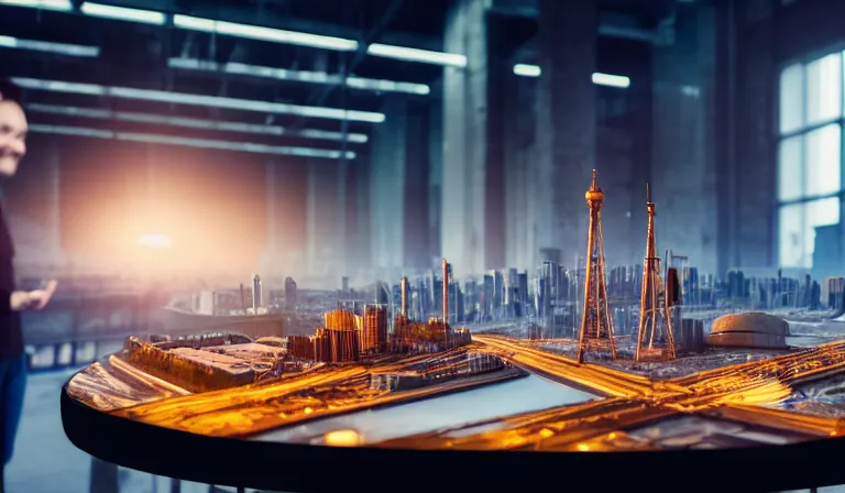 Image similar to group of people in simple warehouse, looking at hologram of futuristic city on a table, cinematic concept art, godrays, golden hour, natural sunlight, 4 k, clear details, tabletop model buildings, center model buildings, hologram center, crane shot, crane shot, crane shot