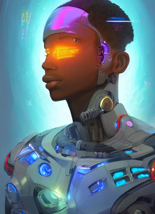 Image similar to detailed digital painting portrait of young black man cyborg with holographic computer displays hovering in front of his face, digital painting artstation, fanart behance hd by jesper ejsing, by rhads, makoto shinkai and lois van baarle, ilya kuvshinov, rossdraws, dramatic sunset, global illumination, radiant light, detailed and intricate environment