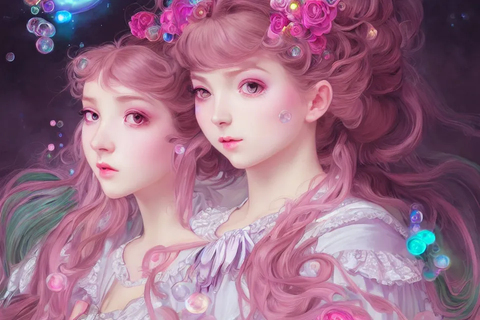 Prompt: dream portrait of magical lolita girl, dreamy and ethereal, expressive pose, big pink eyes, exciting expression, fantasy, intricate, elegant, many rainbow bubbles, rose tones, highly detailed, digital painting, artstation, concept art,cyberpunk wearing, smooth, sharp focus, illustration, art by artgerm and greg rutkowskiand alphonse mucha,Salvador Dali.