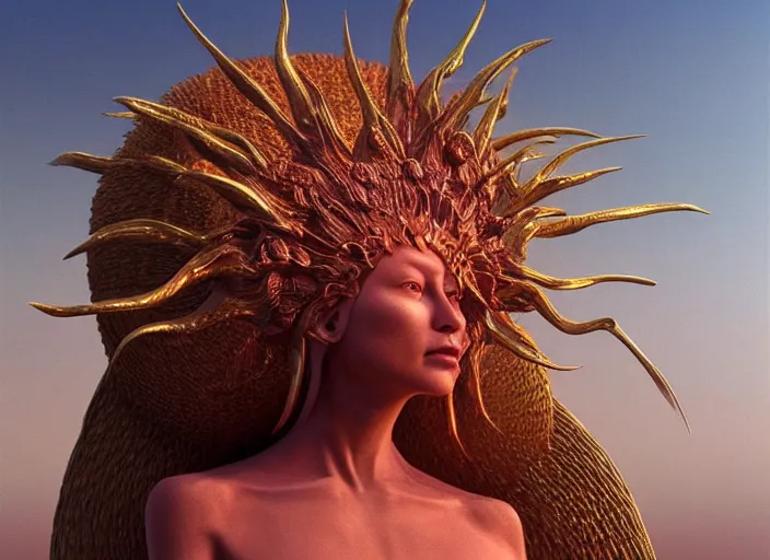 Image similar to CGI, HYPER REALISTIC VFX SIMULATION of THE QUEEN OF THE SUN BY ZDZISŁAW BEKSIŃSKI, HIGHLY INTRICATELY DETAILED 3D OCTANE RENDER