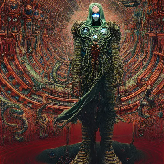 Prompt: Beksiński symmetric frame of dr doom from Prometheus movie, cyborg dr doom in ornate armour, byguo pei and alexander mcqueen metal couture editorial, eldritch epic monumental wallpaper by beksinski by Yuko Shimizu