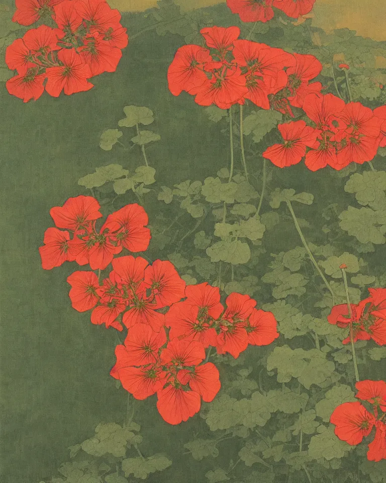 Image similar to fine painting of tropaeolum majus. high definition, earthly tones, soft natural light, pastel, 4 k, matte, trending on artstation. painted by thaddeus welch, hirano miho and hokusai katsushika.