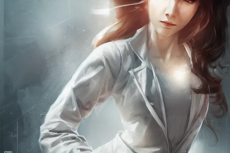 Image similar to a poster of an elegant and beautiful female doctor in a white coat in a hospital ward, cinematic, highly detailed, digital painting, artstation, concept art, matte, sharp focus, illustration, art by artgerm and greg rutkowski