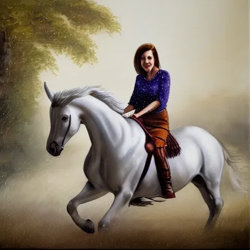 Prompt: young nancy pelosi riding a white horse through a very heavy rain, painting