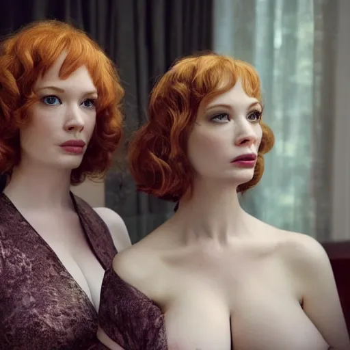Image similar to a very surprised beautiful Christina Hendricks and her twin sister in the living room, film still from the movie directed by Denis Villeneuve with art direction by Salvador Dalí, wide lens