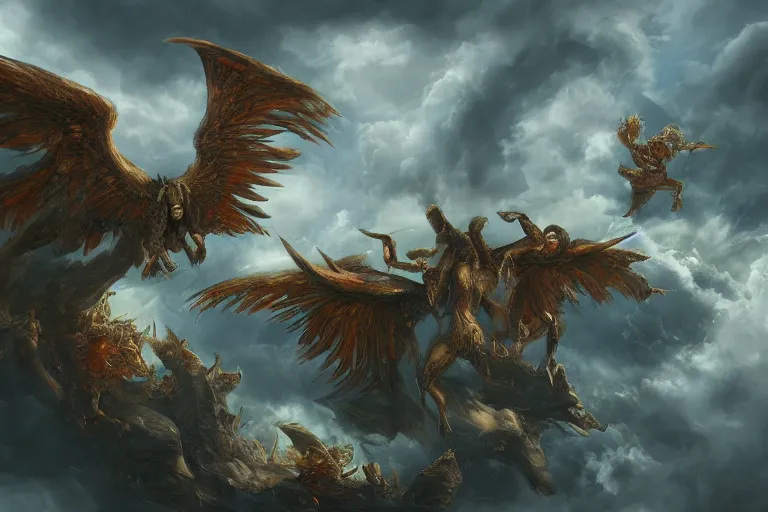 Image similar to monstrous angels descending from the sky as people praise them, digital painting, mixed media, trending on artstation and deviantart, epic composition, highly detailed, 8 k