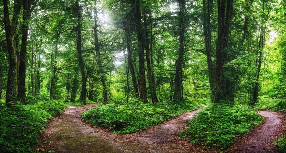 Image similar to A landscape photo of beautiful forest pathway scenery. PROMPT, XF IQ4, 150MP, 50mm, f/1.4, ISO 200, 1/160s, natural light, Adobe Photoshop, Adobe Lightroom, DxO Photolab, Corel PaintShop Pro, rule of thirds, symmetrical balance, depth layering, polarizing filter, Sense of Depth, AI enhanced