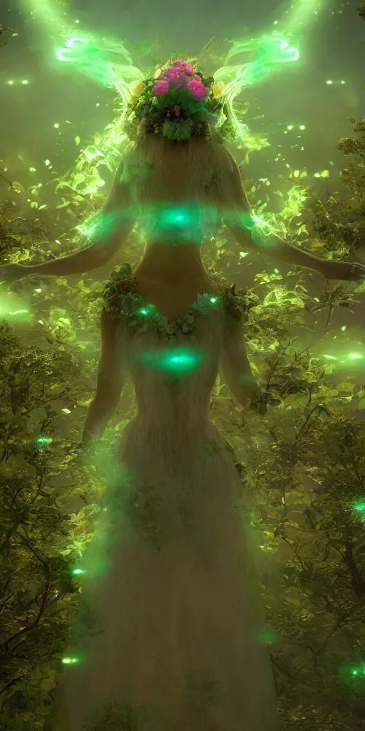 Prompt: flower goddes, concept character, beautiful, stunning, green mist, radiating power, energy, god rays, luminescence, fractal, unreal engine, 8k